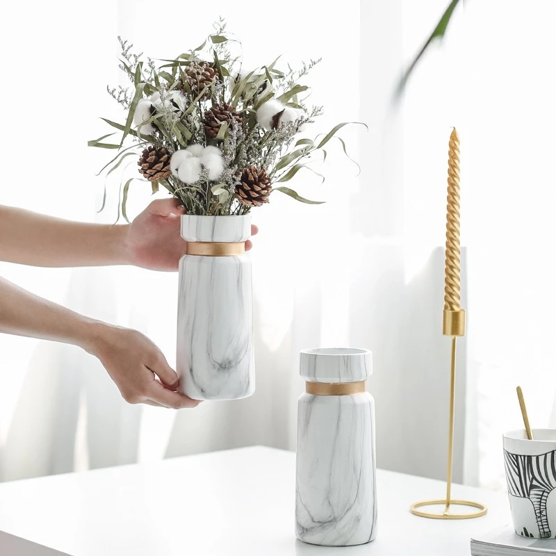 Modern Creative Marble Vase Ceramic Vase White Marble with Gold Lining Vase Home Decor
