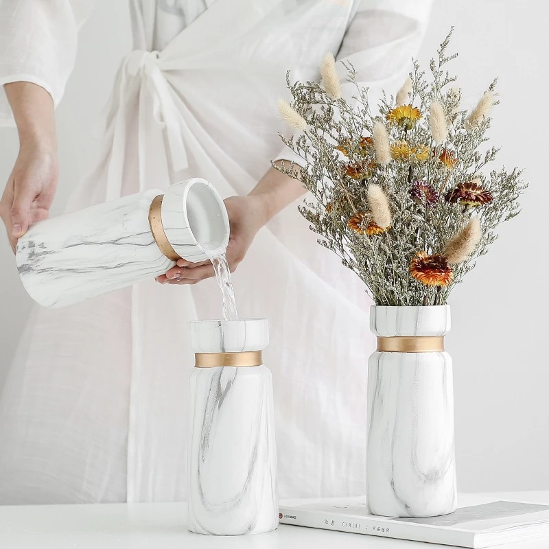 Modern Creative Marble Vase Ceramic Vase White Marble with Gold Lining Vase Home Decor